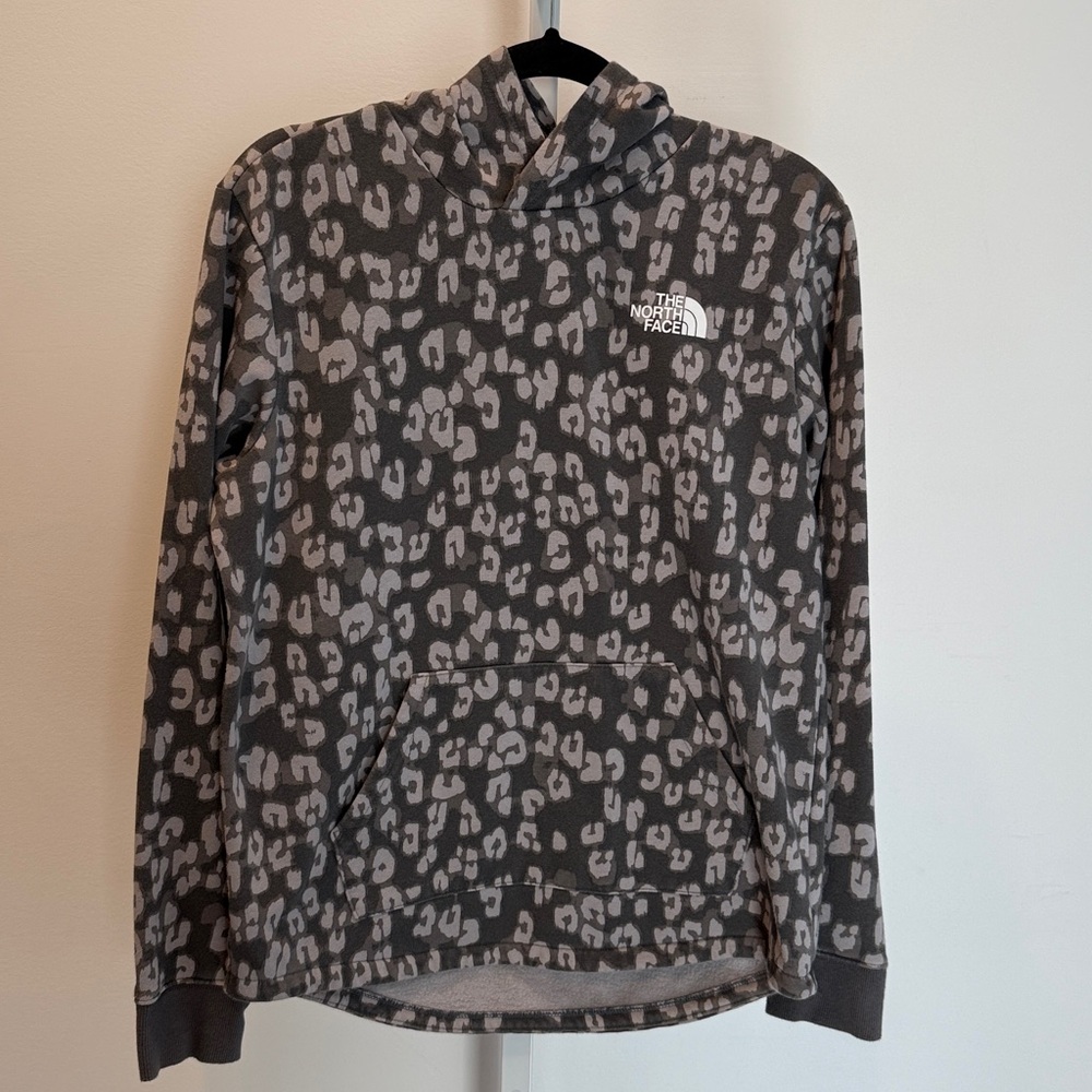 The North Face Girls XL Hoodie Charcoal Leopard Fleece Pullover